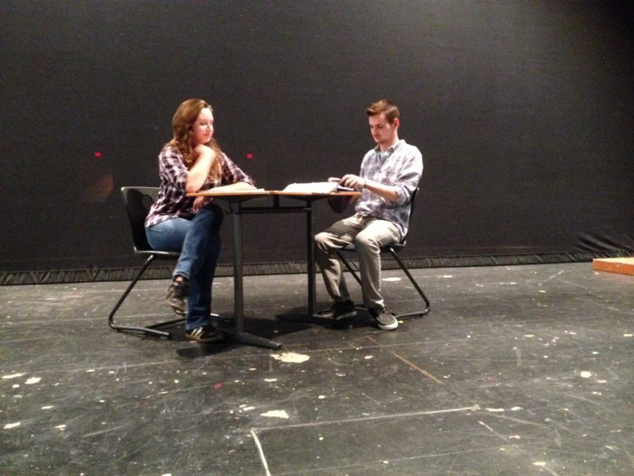 Production class students Jak Barth and Amy Bogucki rehearse a scene from All in the Timing.