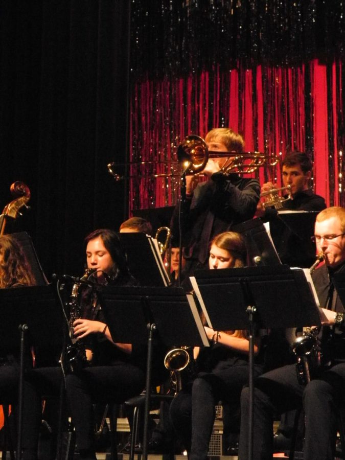 Sophomore Brady Ballew plays his trombone solo.  