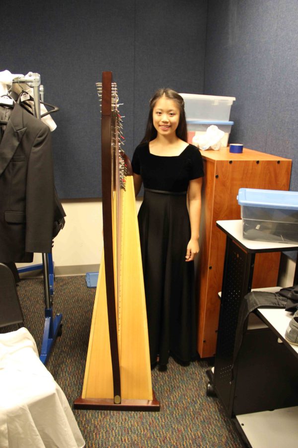 Harpist Carol Xia just before she performed at the Allen Symphony Orchestra. 