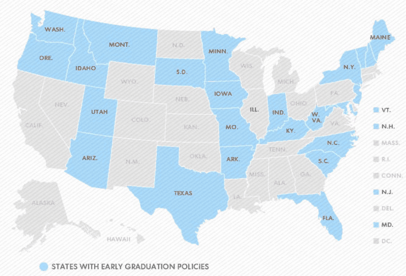 Each year the school has a couple of students graduating early. The graphic above shows states with early graduation policies. 