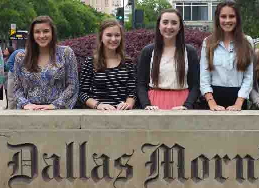 Named the Best Website by The Dallas Morning News, members of the editorial staff of The Red Ledger stand outside the DMN in downtown Dallas. From left to right are Managing Editor Michelle Stoddart, Editor-in-chief Jillian Sanders, Managing Editor Caroline Smith and Editor-in-chief Hallie Fischer.