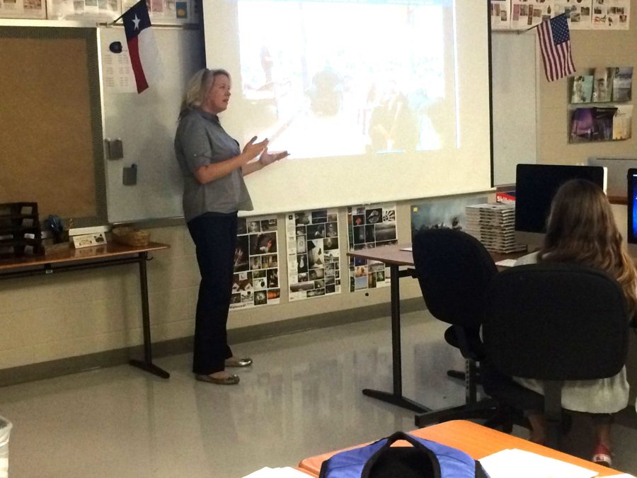 Jennifer Holcomb teaching her class on the first day of school.