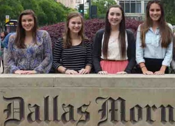 Named the Best Website by The Dallas Morning News, members of the editorial staff of The Red Ledger stand outside the DMN in downtown Dallas. From left to right are Managing Editor Michelle Stoddart, Editor-in-chief Jillian Sanders, Managing Editor Caroline Smith and Editor-in-chief Hallie Fischer.