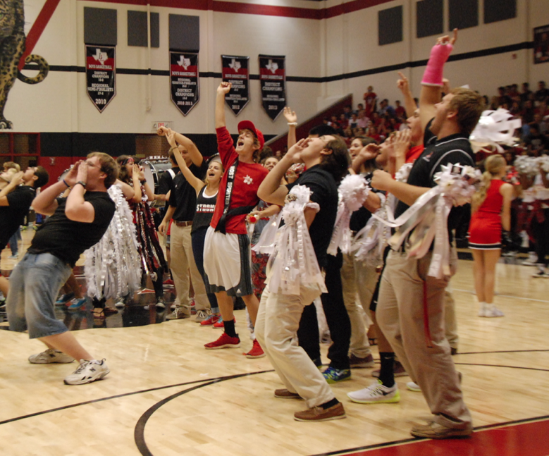 Seniors yell the A-O cheer in an attempt to win the spirit stick given by coach Ryan Cox.