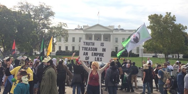 A member of the Million Mask March raises a sign against her government in November 2014.