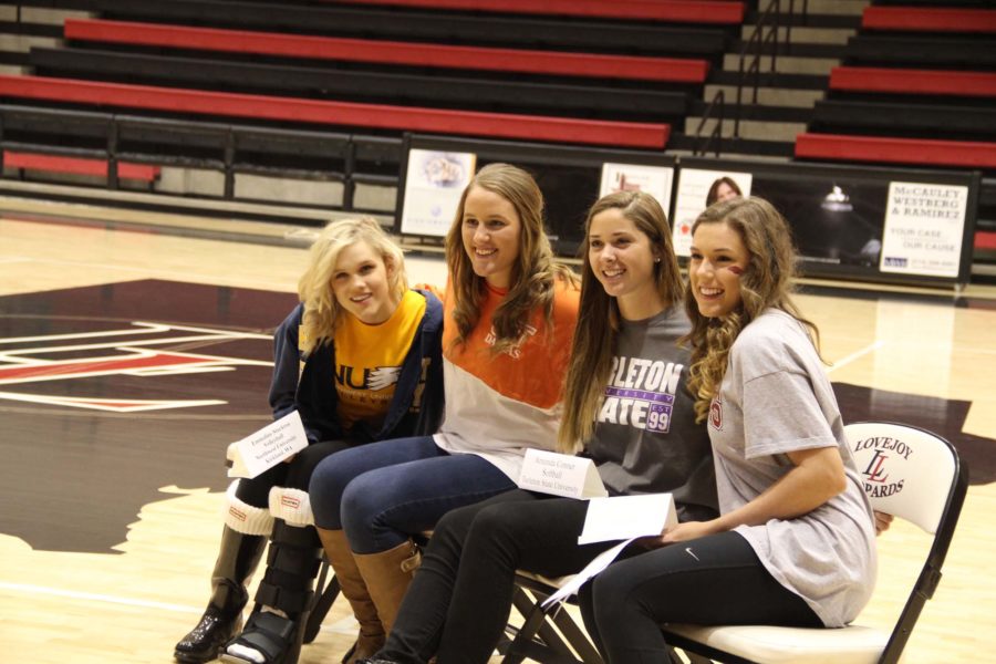 (From left to right) Seniors Emmaline Stockton, Samantha OBrien, Amanda Conner, and Danielle Brochu, signed to their future colleges on Wednesday, November 12, 2014.