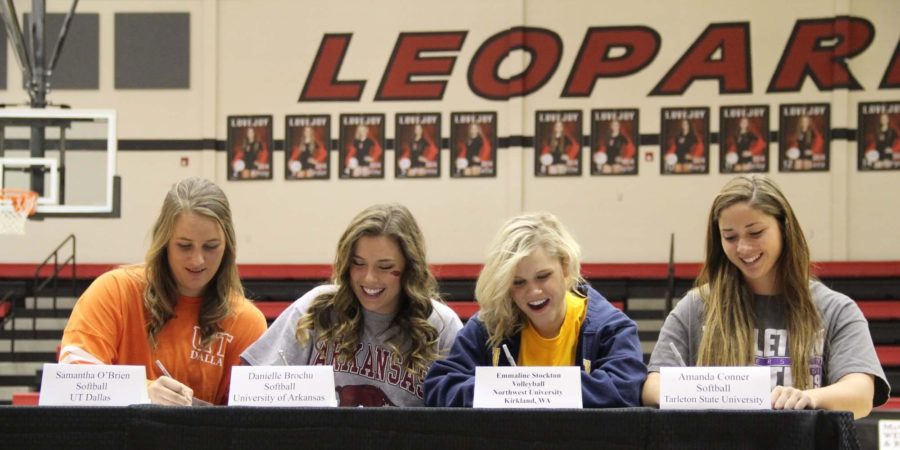 (From left to right) Seniors Samantha OBrien, Danielle Brochu, Emmaline Stockton, and Amanda Conner signed to their future colleges on Wednesday, November 12, 2014.