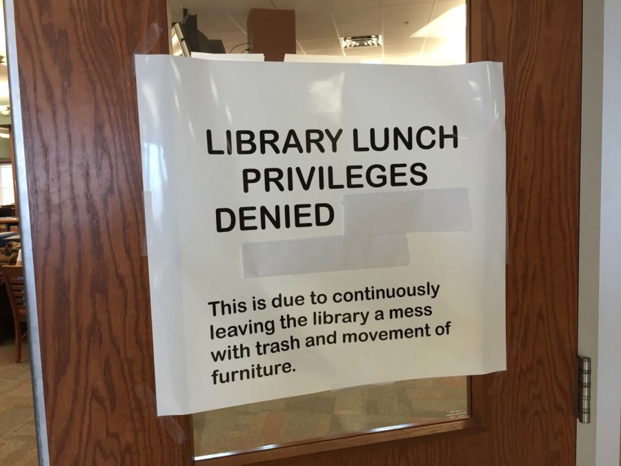 Lunch has been suspended in the Library until further notice, as a result of trash being left in there.