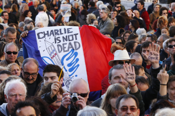 Protestors in France gather in support of  Charlie Hebdo after the terrorist attack against the satirical magazine on Jan. 7.