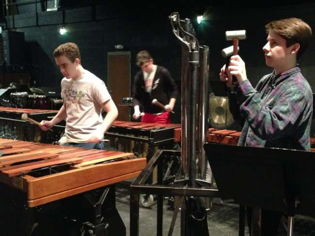 The percussion ensembles will be performing Thursday at 7 p.m. in the auditorium. These ensembles, like the one above with Jake Schmidt, Ben Young, and Skylar Schexnayder, use instruments like marimbas, drums, and xylophones.