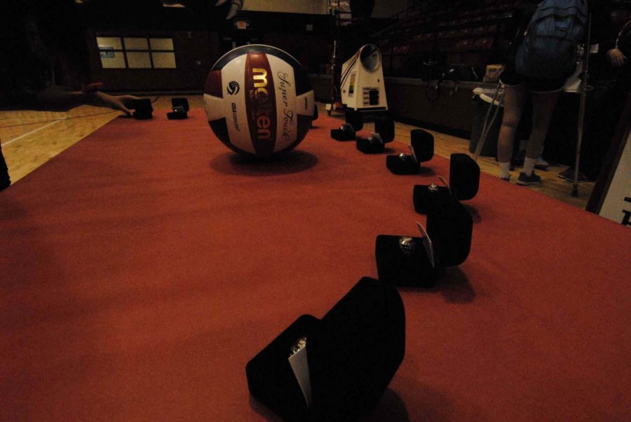 The rings are laid out for the players to take them on March 25, 2015.