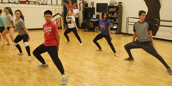 As the only two guys in the studio dance program, sophomores Tyler Le and Cannon Meyer practice with the girls most days, but also spend some class time working on their own routine.