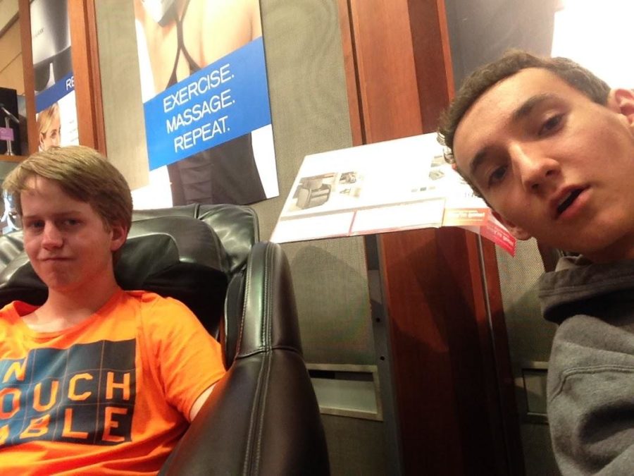 Sitting in massage chairs, juniors Matthew Norwood and Kerry Joiner relax before the National History Bee competition begins in Washington, D.C.