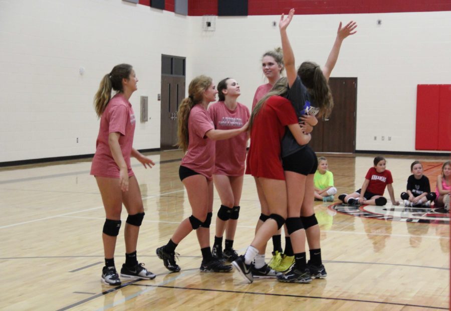 The girls celebrate their win over the boys, another of quite a few victories for the Lady Leopards.