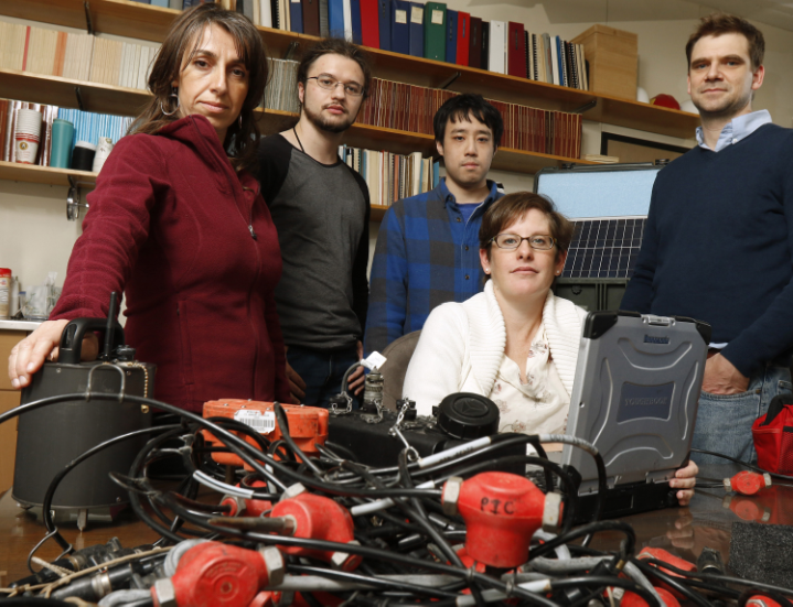 From left, Maria Beatrice Magnani, associate professor of geophysics; Harrison Oldham, grad student; Kevin Kwong, grad student; Heather DeShon, associate professor; and Matt Hornbach, associate professor, pose for a portrait with their seismic equipment used to test the North Texas area for seismic activity at their lab at SMU in Dallas