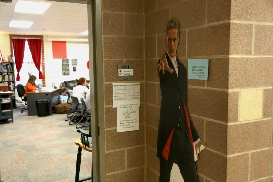 As students walk into Mrs. Andersons classroom, they are daily greeted by Dr. Whos Peter Capaldi. 