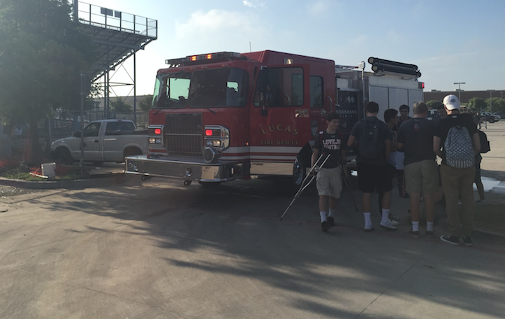 Football athletes were forced to wait outside the indoor facility Thursday morning during first period as a ball accidentally turned the fire sprinklers on.