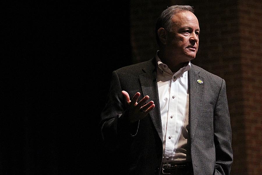 Texas Secretary of State Carlos Cascos speaks to students on the importance of voting during an assembly in the auditorium on Tuesday, March 29.   