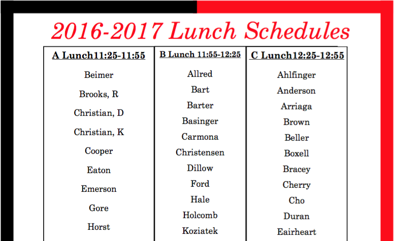 Lunch schedule for 2016-2017 school year