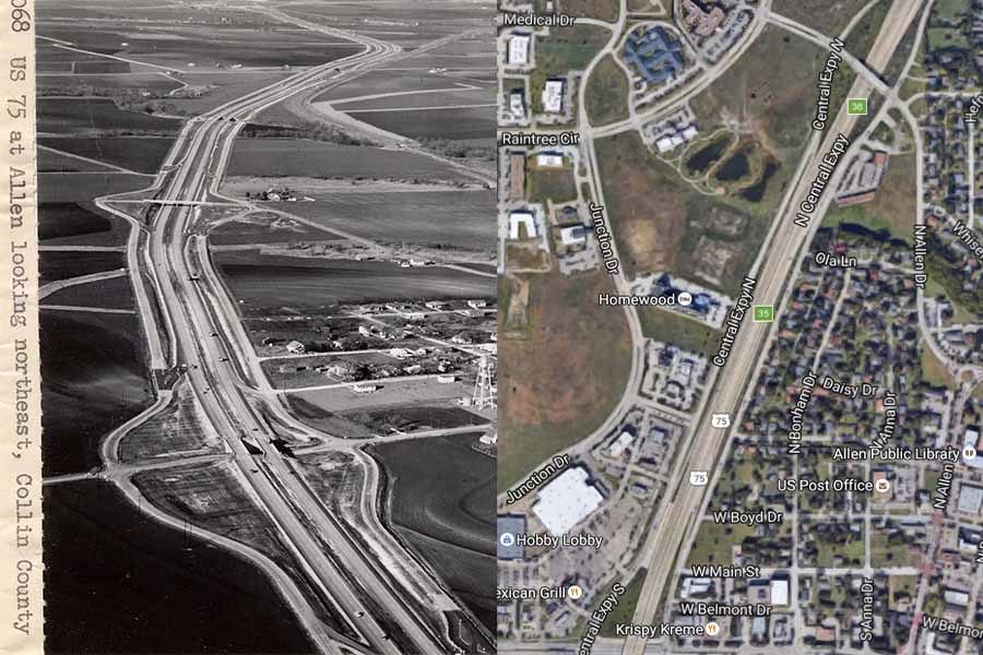Since 1959, the population of Allen and Fairview have increased exponentially. Featured left is US Highway 75 North in 1959, and featured right is the same area and highway in 2016.