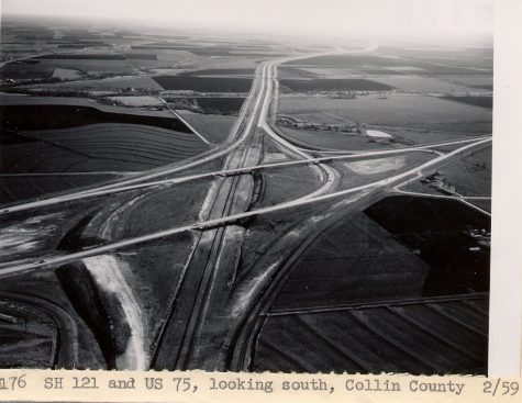 US Highway 75 and Highway 121 facing South, taken in 1959. The left-hand corner of the image is the site where Medical Center now resides, and the far back fields are now the bustling city of Allen.