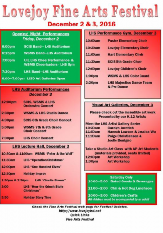 Many different art forms will be displayed throughout the day at the Fine Arts Festival from all grade levels. Here is the schedule. 