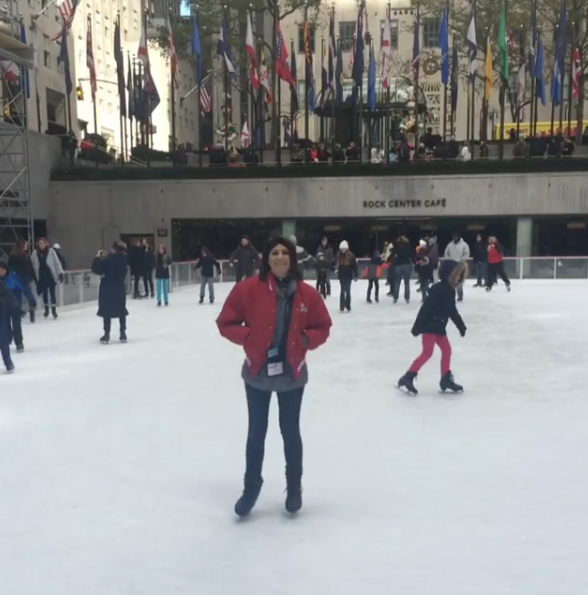 Emily Ottinger at the ice skating rink at Rockefeller Center in New York City.