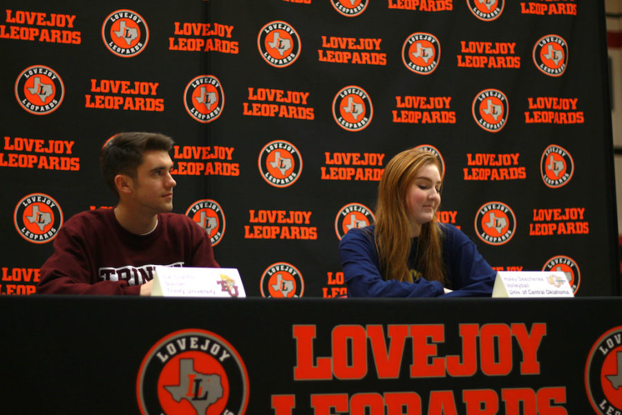 Seniors Cal Cranfill (left) and Haley Deschenes sit at Lovejoys new signing stage.