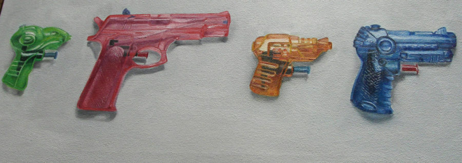 Tad Greenwald created an oil painting on canvas entitled Squirt Guns.