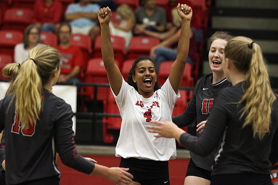 Senior Shanel Bramschreiber celebrates after an important point for the Leopards.