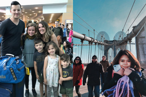 [Left] Abby Bryant poses with her host family in Vancouver, Canada. [Right] Ellie Stockton visits the Brooklyn Bridge in New York.