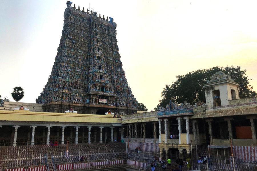 A gopuram, or tower of the Madurai Meenakshi Amman, is a historic Hindu temple. The temple was built in the 6th century CE, and the south tower stood at 183 feet.