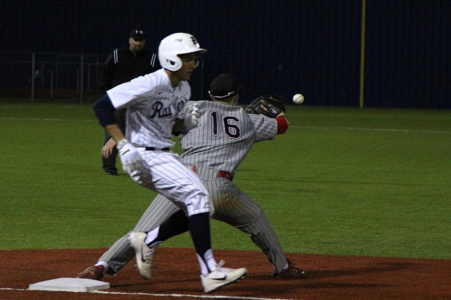 Junior Micheal DiFiore opens his glove for the catch as the Wylie East Raider crosses the base.