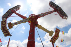 The Kamikaze ride swings passengers upside down in the air and into a 360 degree rotation. 