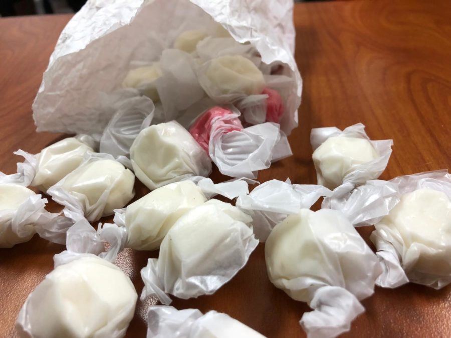The fresh saltwater taffy is sold in bags by the pound.