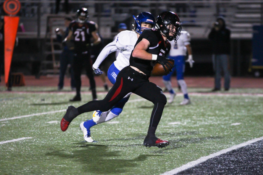 Senior Jacob Terwilliger cruises to the end zone for a receiving touchdown on senior night. Terwilliger paces the Leopard receiving corps with 991 yards and 14 touchdowns.