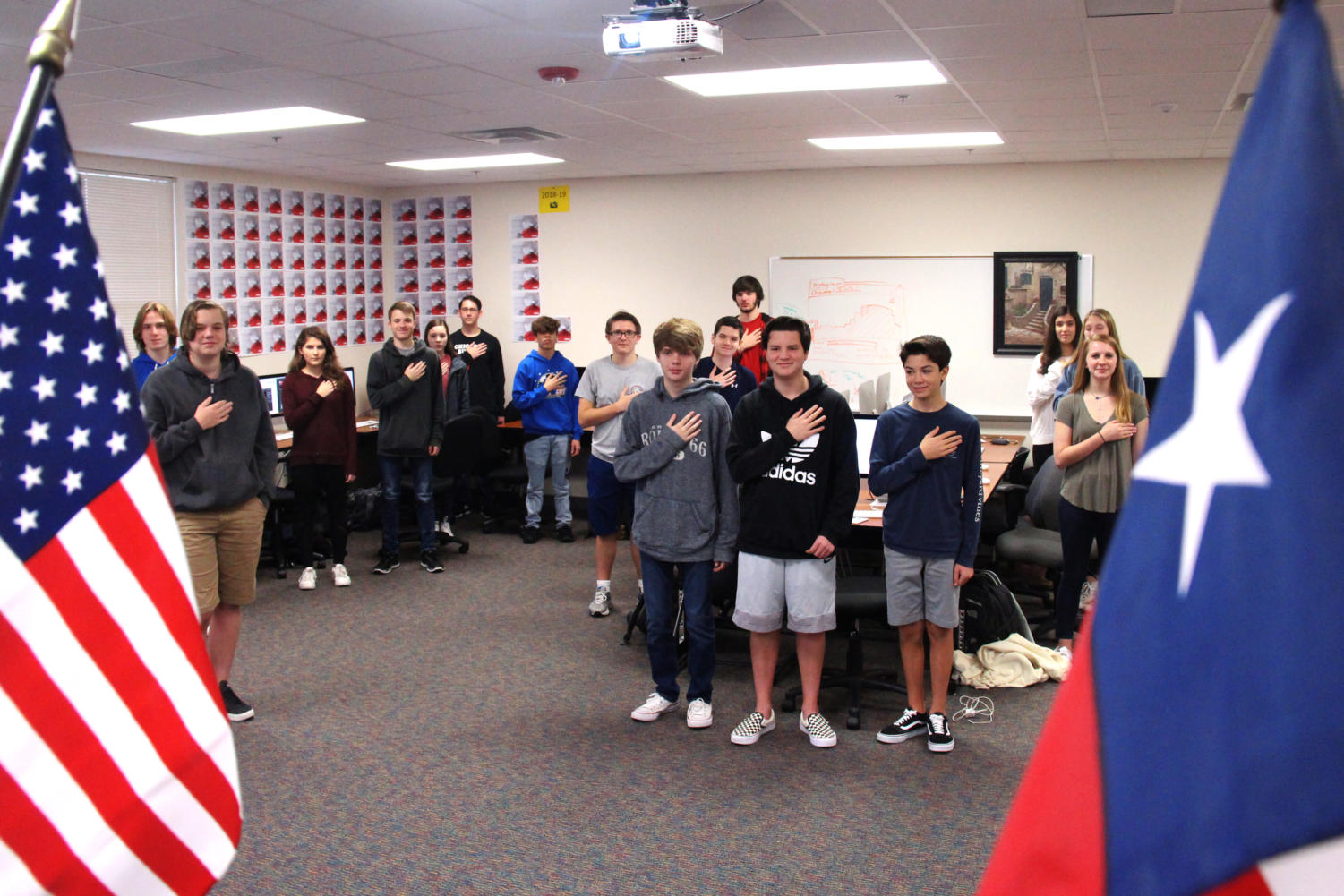 An announcement commences daily during 3rd period to guide students and faculty in reciting the pledges and participating in a moment of silence.