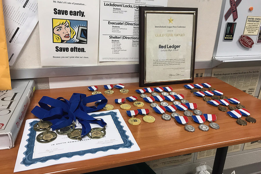 The medals and Gold Star won at the beginning of May by newspaper staffers are on display in the journalism room. The newspaper and broadcast staffs have won more than 200 individual awards this year and qualified eight students for the UIL All-State staff.