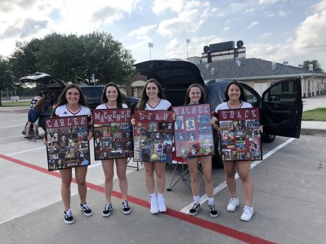 Senior softball players Grace Nguyen, Mackenzie Mitchell, Carlee Schaeffer, and Leah Taylor as well as senior manager Rachel Hoeffner celebrate their senior year as athletes. The softball team drove by giving them gifts and honking to show their support and love for the seniors.