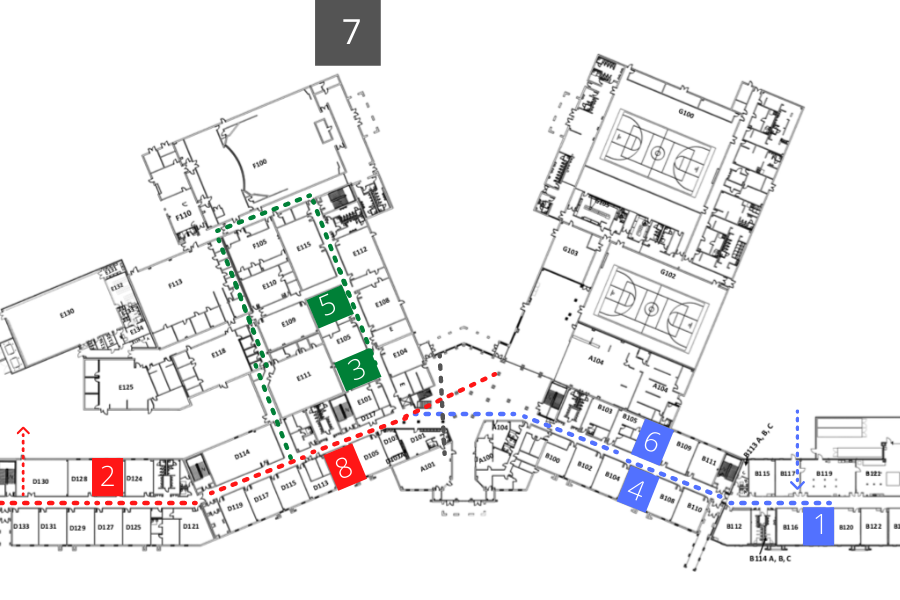 The directions of traffic flow in the school hallways. One-way hallways were introduced in order to create a healthier environment for students.