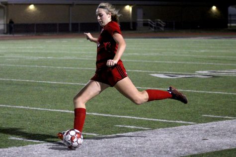 Sophomore left outside defender no. 16 Emmy Wood goes in for a kick. The Leopards will play the Sherman Bearcats for their next district game. 