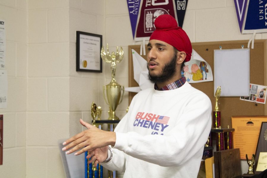 Senior Tajvir Singh practices his speech in preparation for the Lucas Rotary Contest. Singh placed first in the competition.