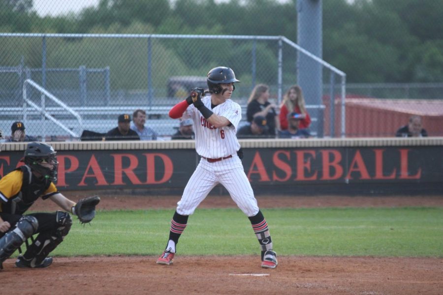 Junior short stop no. 6 Kolby Branch standing in the box and prepares to face a pitch from Denison’s pitcher. The Leopards beat the Yellow Jackets 6-1