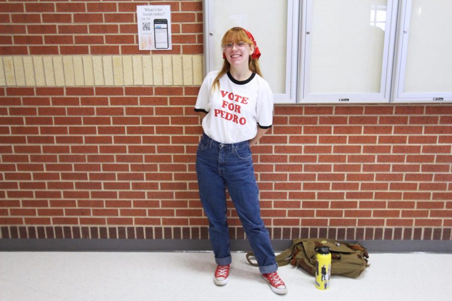 Senior Kaysey Taunton dresses as the main character from Napoleon Dynamite. The Vote for Pedro shirt is iconic from the movie. 