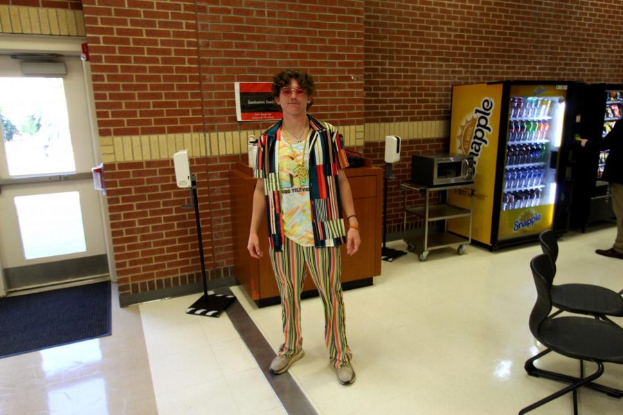 Senior Josh Terwilliger goes all out in 70s clothes. Terwilliger is on the varsity baseball team.