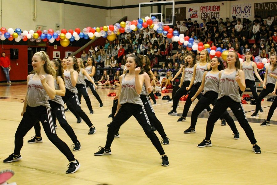 Th Majestics perform a dance during the pep rally. The theme of the pep rally was Proud to be an American.