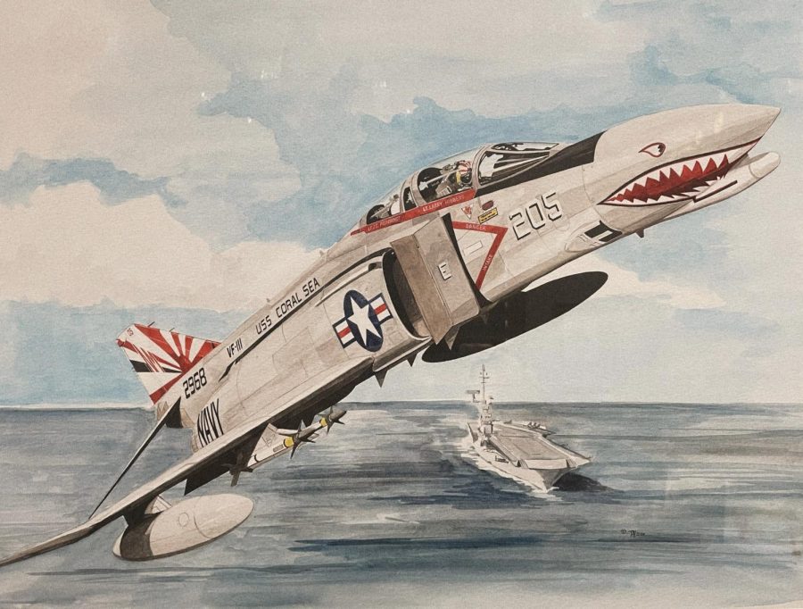 A picture painted of the VF-111 aircraft with Lieutenant Larry Hibberd and his Lieutenant, Junior Grade Prenergast painted on the side of the cockpit.