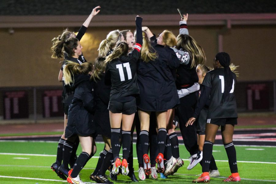 The girls soccer team celebrates their win over the Wylie East Raiders. The Leopards are currently ranked third in districts on MaxPreps.