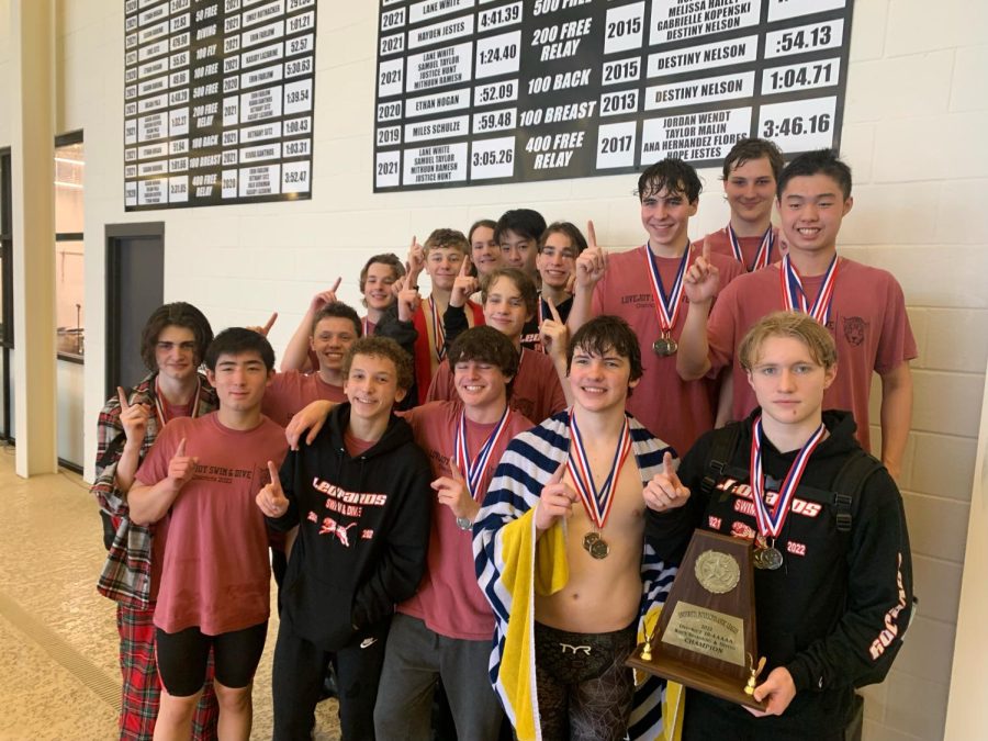 The boys swim team placed first in districts. They have won first for four years in a row. 