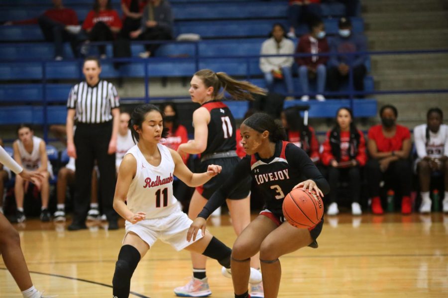 Freshman point guard no. 3 Sidney Carr keeps the ball away from Liberty's no. 11. Carr scored eight rebounds at Monday's game.
